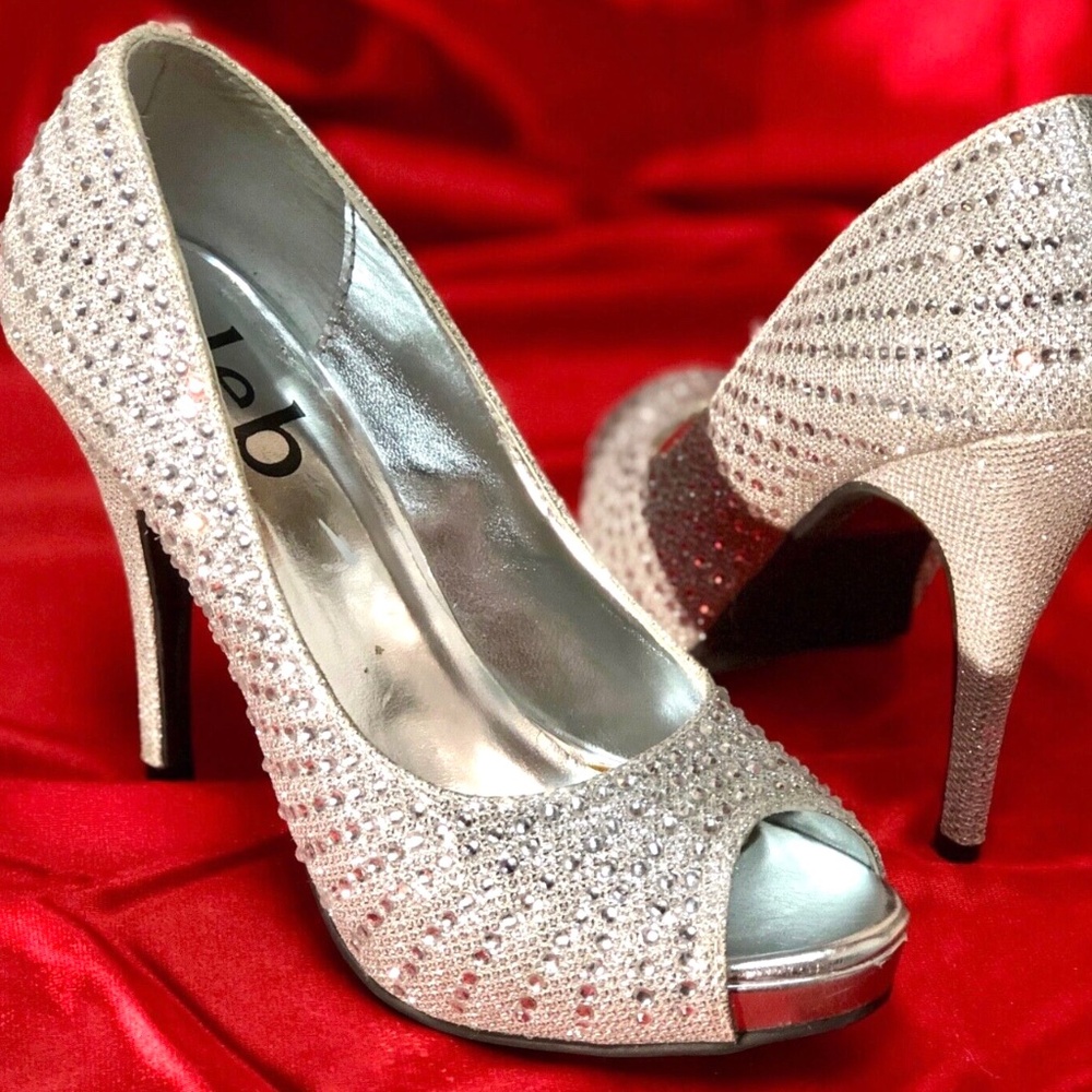DEB Sparkly Silver Rhinestoned Peep Toe Stiletto High Heel Pumps~Wedding Prom~7
